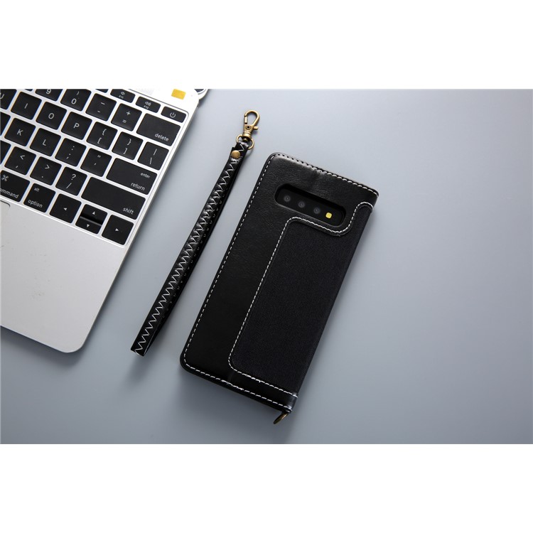 CMAI2 Jeans Cloth PU Leather Wallet Case with Hand Strap for Samsung Galaxy S10 Plus - Black-11