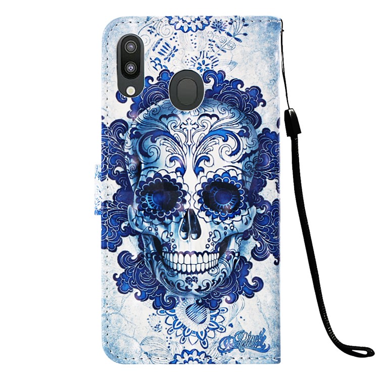 Pattern Printing Leather Wallet Case for Samsung Galaxy M20 - Flowered Skull-3