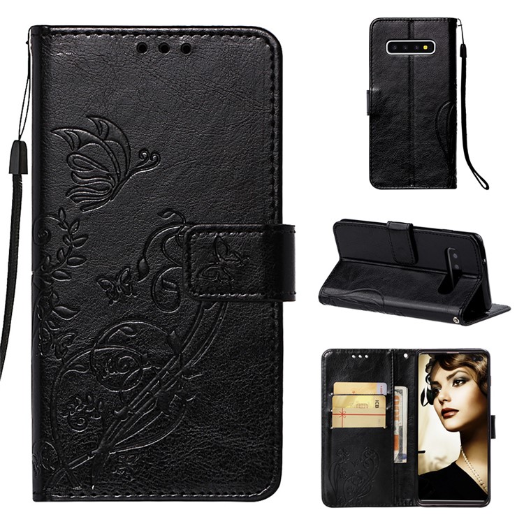 Imprinted Floral Butterfly Leather Wallet Case Cover for Samsung Galaxy S10 Plus - Black-1