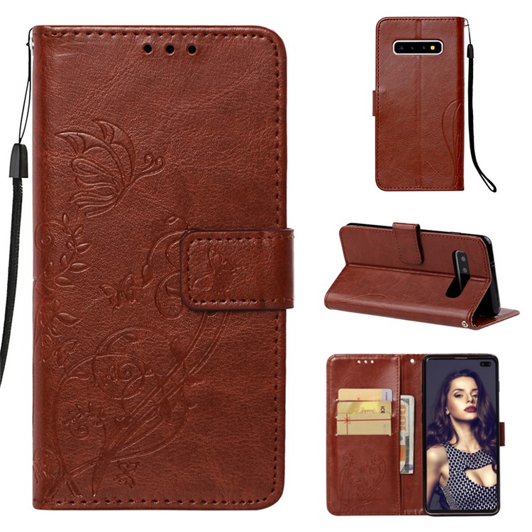 

Imprinted Floral Butterfly Leather Wallet Case Cover for Samsung Galaxy S10 Plus - Brown, Galaxy S10 Plus
