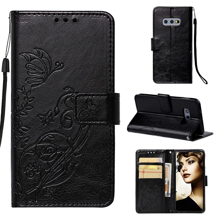 Imprinted Floral Butterfly Leather Flip Stand Shell for Samsung Galaxy S10e - Black-1