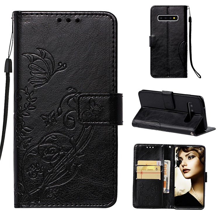 Imprinted Floral Butterfly Leather Protection Cell Phone Case for Samsung Galaxy S10 - Black-1