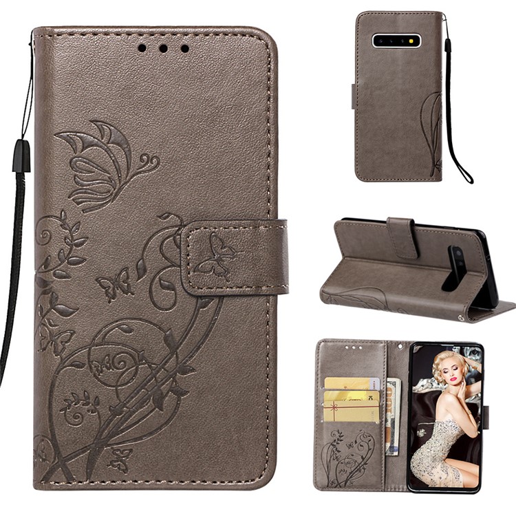 

Imprinted Floral Butterfly Leather Protection Cell Phone Case for Samsung Galaxy S10 - Grey, Galaxy S10
