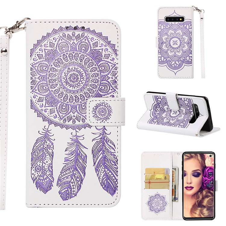 

For Samsung Galaxy S10 Imprint Dream Catcher Leather Wallet Case - White / Purple, Galaxy S10