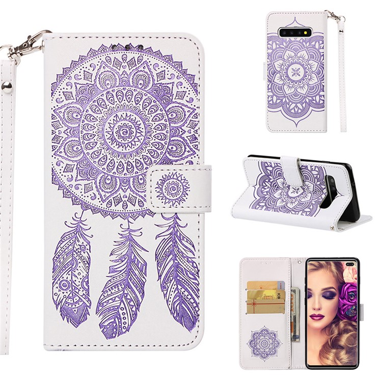 

For Samsung Galaxy S10 Plus Imprint Dream Catcher Leather Stand Flip Cover - White / Purple, Galaxy S10 Plus