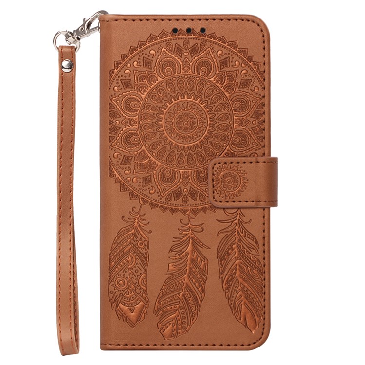 For Samsung Galaxy S10 Plus Imprint Dream Catcher Leather Stand Flip Cover - Brown-2