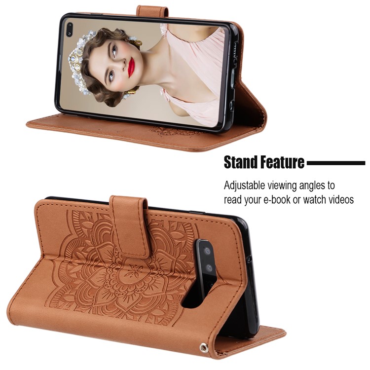 For Samsung Galaxy S10 Plus Imprint Dream Catcher Leather Stand Flip Cover - Brown-4