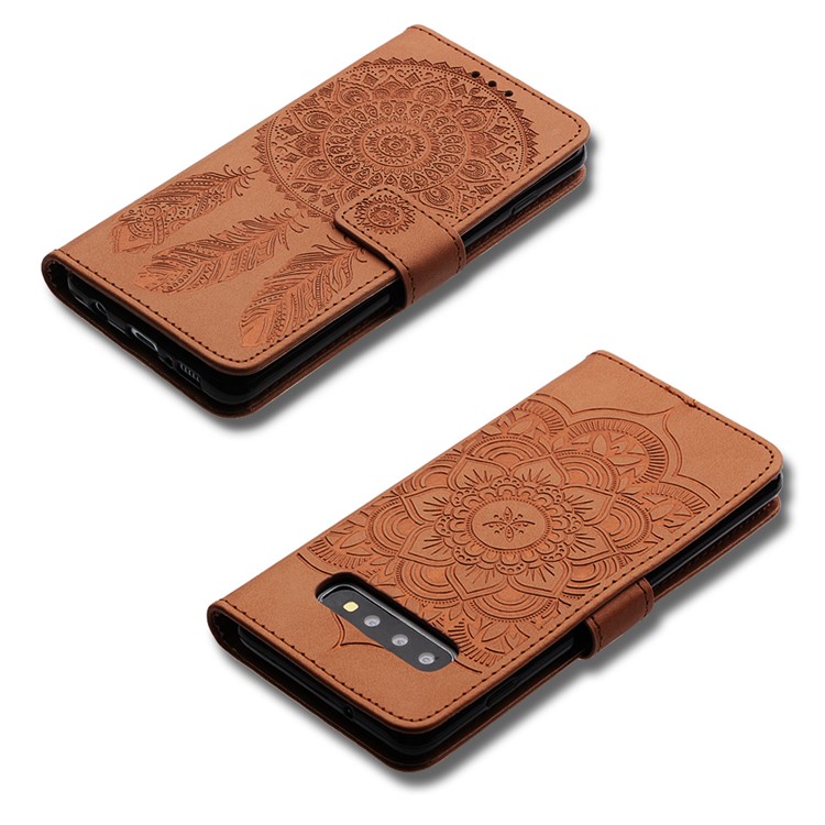 For Samsung Galaxy S10 Plus Imprint Dream Catcher Leather Stand Flip Cover - Brown-6