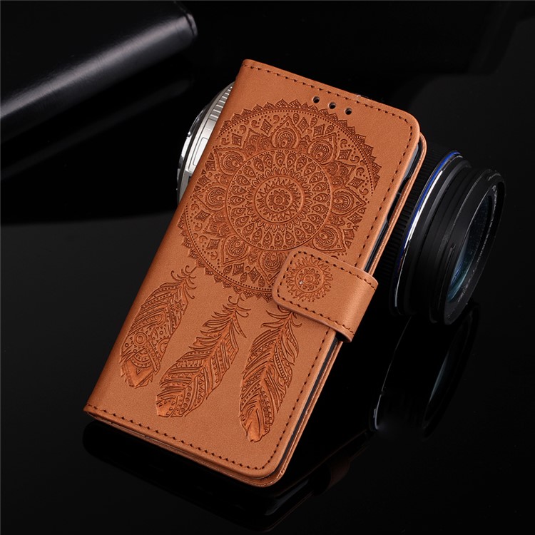 For Samsung Galaxy S10 Plus Imprint Dream Catcher Leather Stand Flip Cover - Brown-8