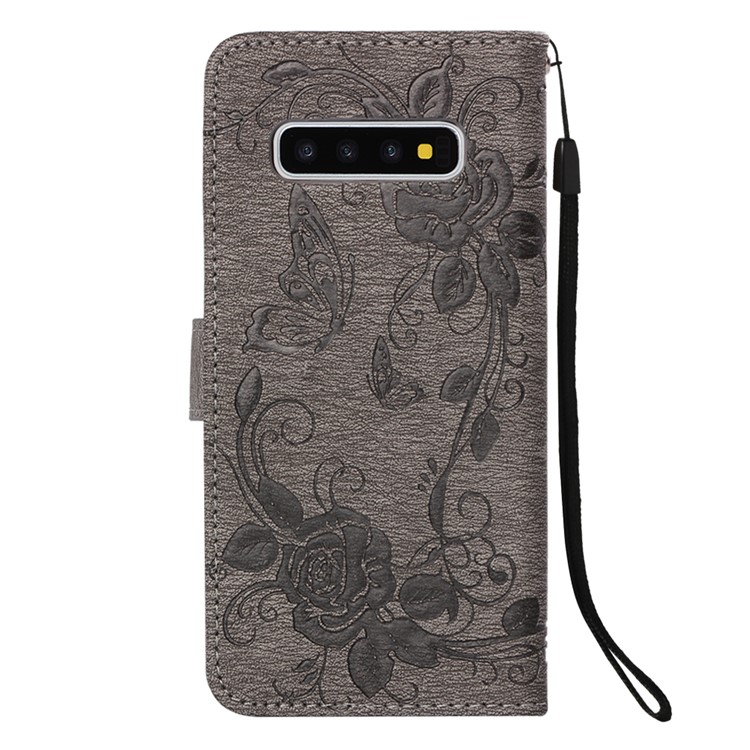 Imprint Butterfly Rose Flower Leather Wallet Flip Casing for Samsung Galaxy S10 Plus - Grey-3