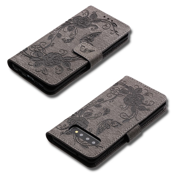 Imprint Butterfly Rose Flower Leather Wallet Flip Casing for Samsung Galaxy S10 Plus - Grey-6