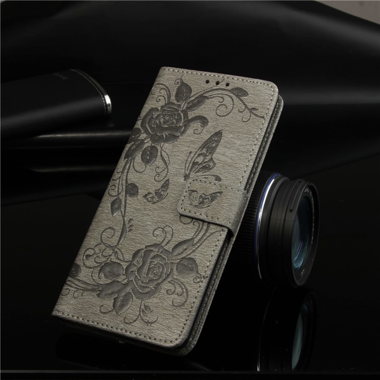 Imprint Butterfly Rose Flower Leather Wallet Flip Casing for Samsung Galaxy S10 Plus - Grey-8