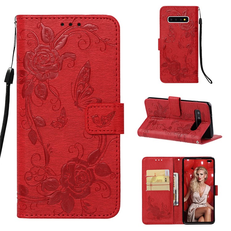 

Imprint Butterfly Rose Flower Leather Wallet Flip Casing for Samsung Galaxy S10 Plus - Red, Galaxy S10 Plus