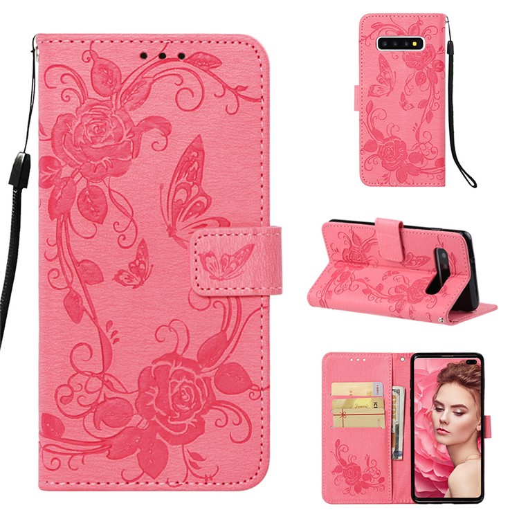 

Imprint Butterfly Rose Flower Leather Wallet Flip Casing for Samsung Galaxy S10 Plus - Pink, Galaxy S10 Plus