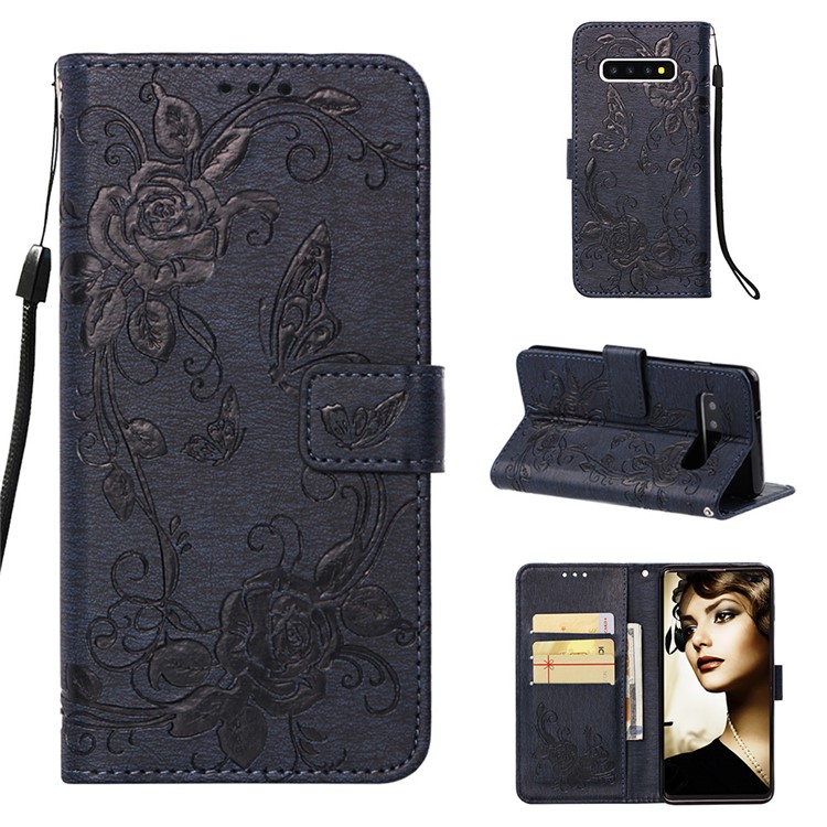 

Imprint Butterfly Rose Flower Leather Wallet Flip Casing for Samsung Galaxy S10 Plus - Dark Blue, Galaxy S10 Plus