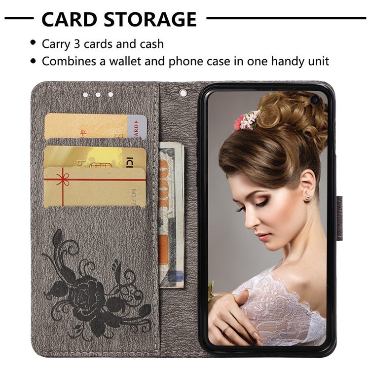 Imprint Butterfly Rose Flower Leather Wallet Mobile Cover for Samsung Galaxy S10e - Grey-5