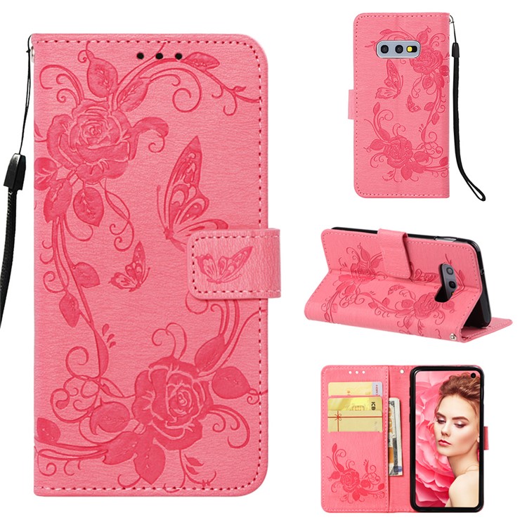 

Imprint Butterfly Rose Flower Leather Wallet Mobile Cover for Samsung Galaxy S10e - Pink, Galaxy S10e