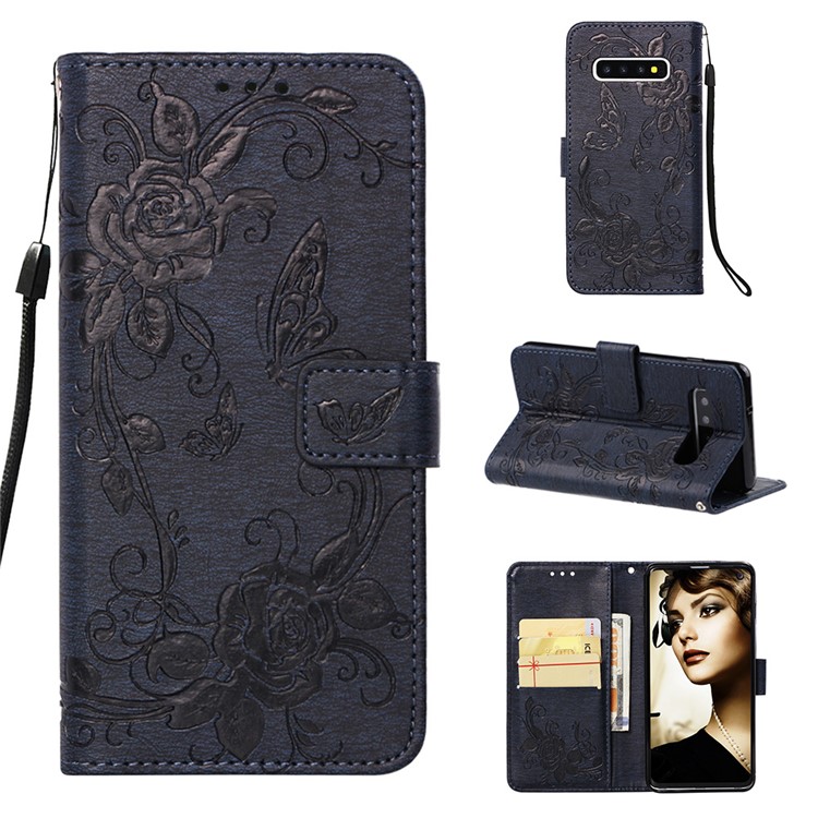 

Imprinted Butterfly Flower PU Leather Mobile Case for Samsung Galaxy S10 - Dark Blue, Galaxy S10