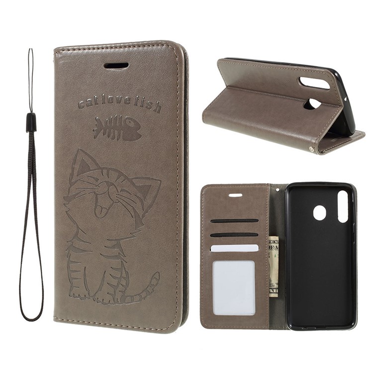 Imprint Cat and Fish Bone Wallet Leather Case with Strap for Samsung Galaxy M30 - Grey-1