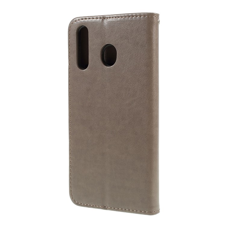 Imprint Cat and Fish Bone Wallet Leather Case with Strap for Samsung Galaxy M30 - Grey-2