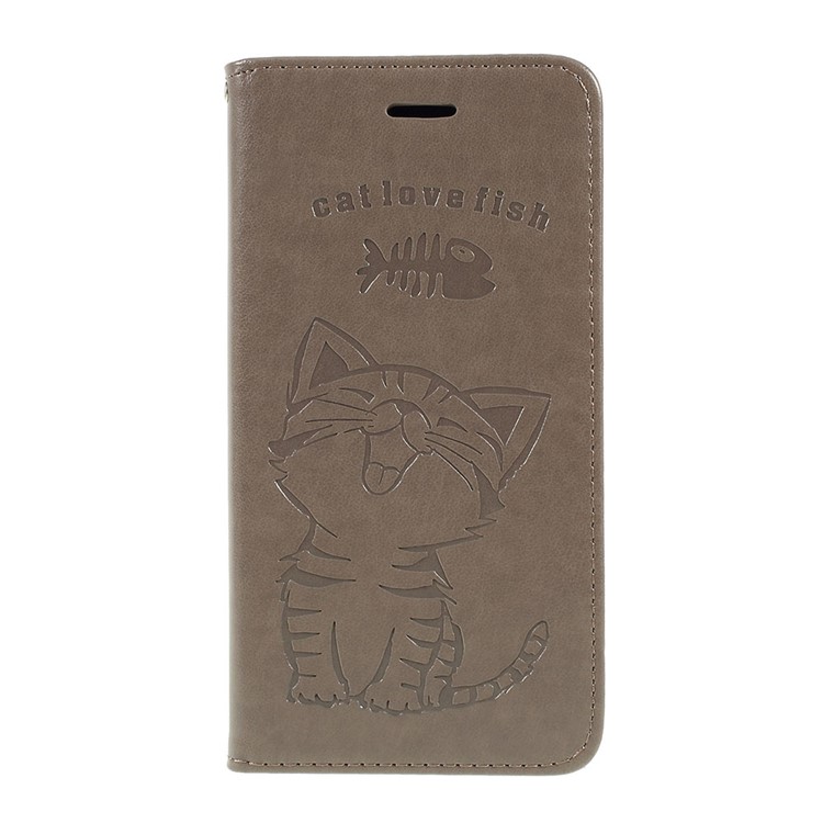 Imprint Cat and Fish Bone Wallet Leather Case with Strap for Samsung Galaxy M30 - Grey-3