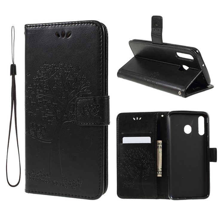 Imprint Tree Owl Magnetic Wallet PU Leather Cover with Stand for Samsung Galaxy M30 - Black-1