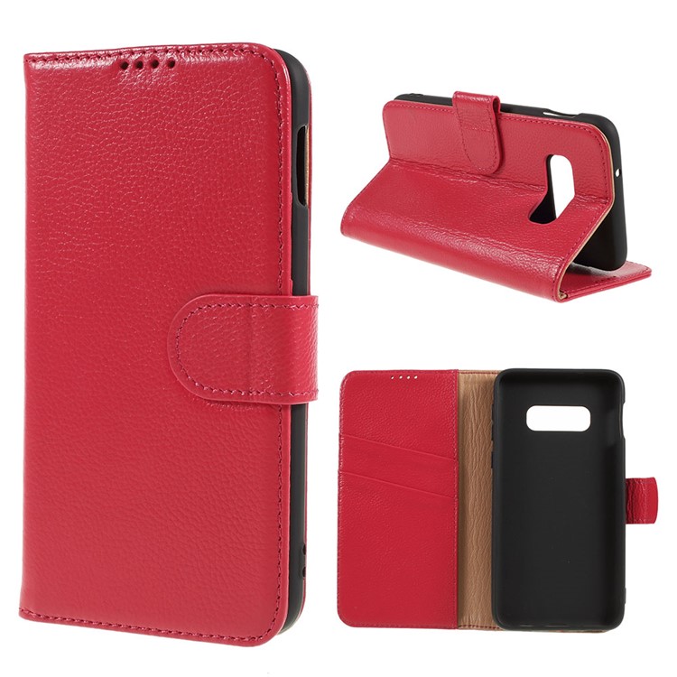 Litchi Skin Genuine Leather Magnetic Wallet Case for Samsung Galaxy S10e - Red-1