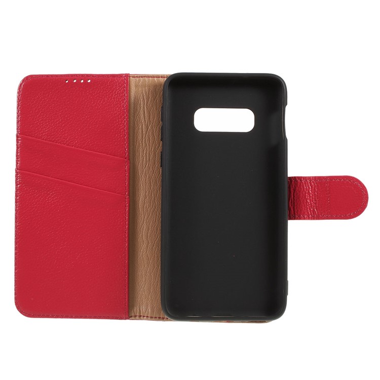 Litchi Skin Genuine Leather Magnetic Wallet Case for Samsung Galaxy S10e - Red-6