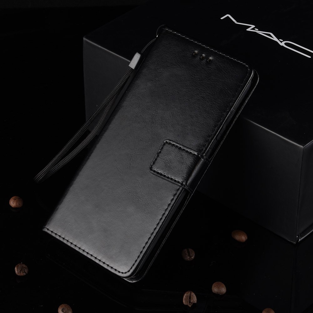 Crazy Horse Leder Brieftasche Abdeckung Mit Riemen Für Samsung Galaxy A10 - Schwarz