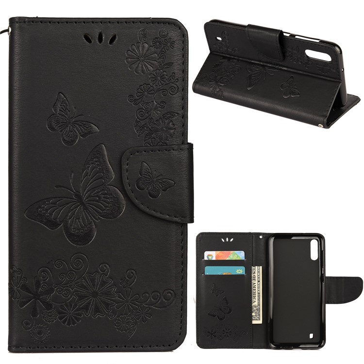 Imprint Butterfly Flowers Folio Leather Stand Cover for Samsung Galaxy M10 - Black-1