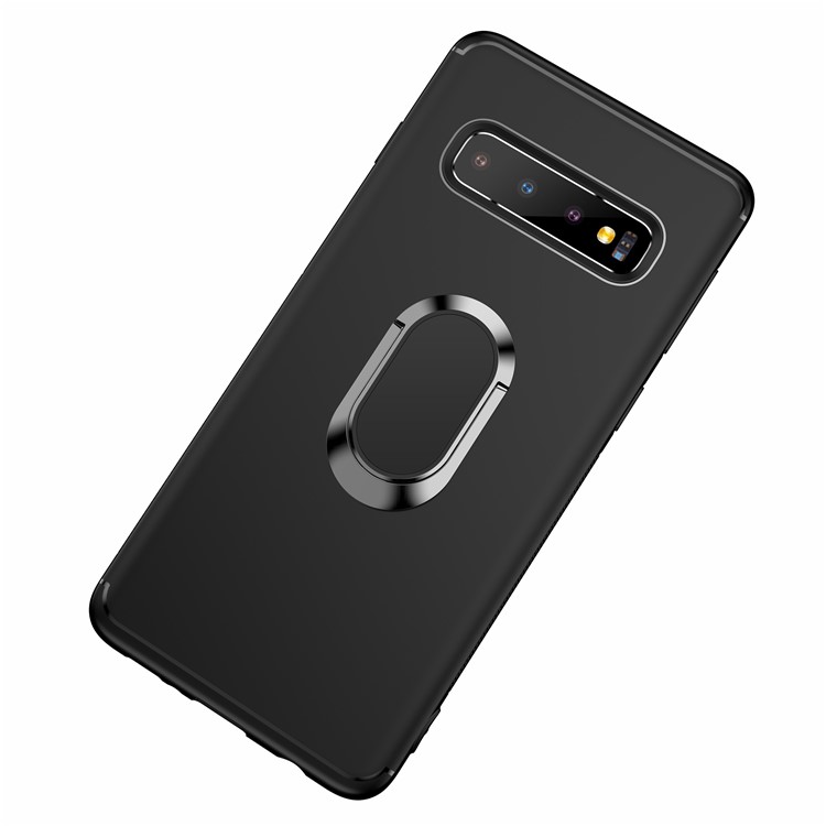 For Samsung Galaxy S10 Matte TPU Mobile Shell with Magnetic Finger Ring Kickstand - Black-1