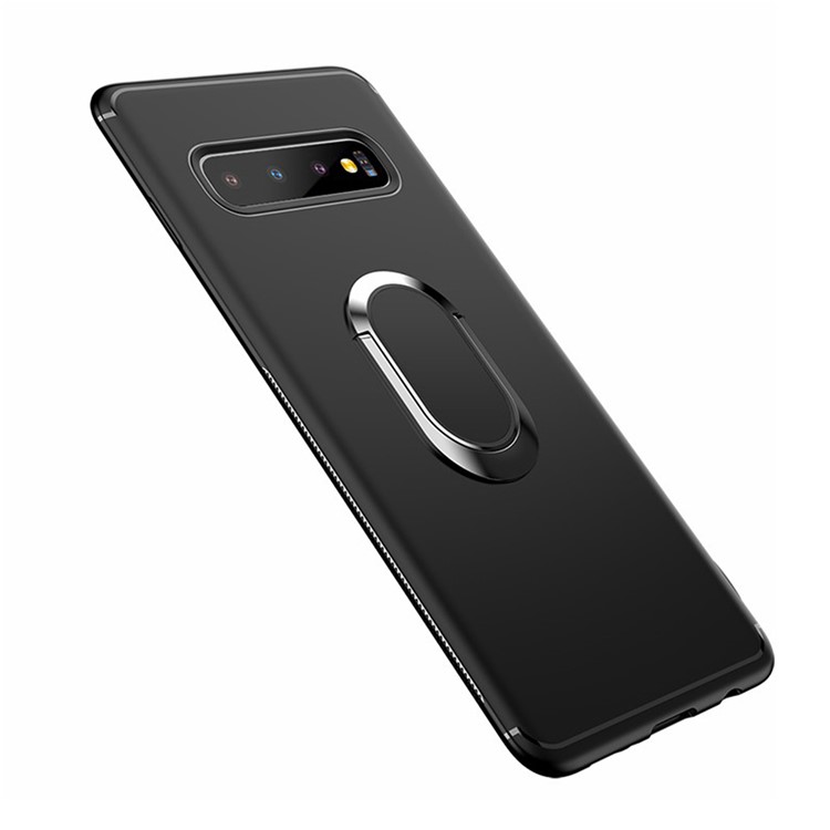 For Samsung Galaxy S10 Matte TPU Mobile Shell with Magnetic Finger Ring Kickstand - Black-5