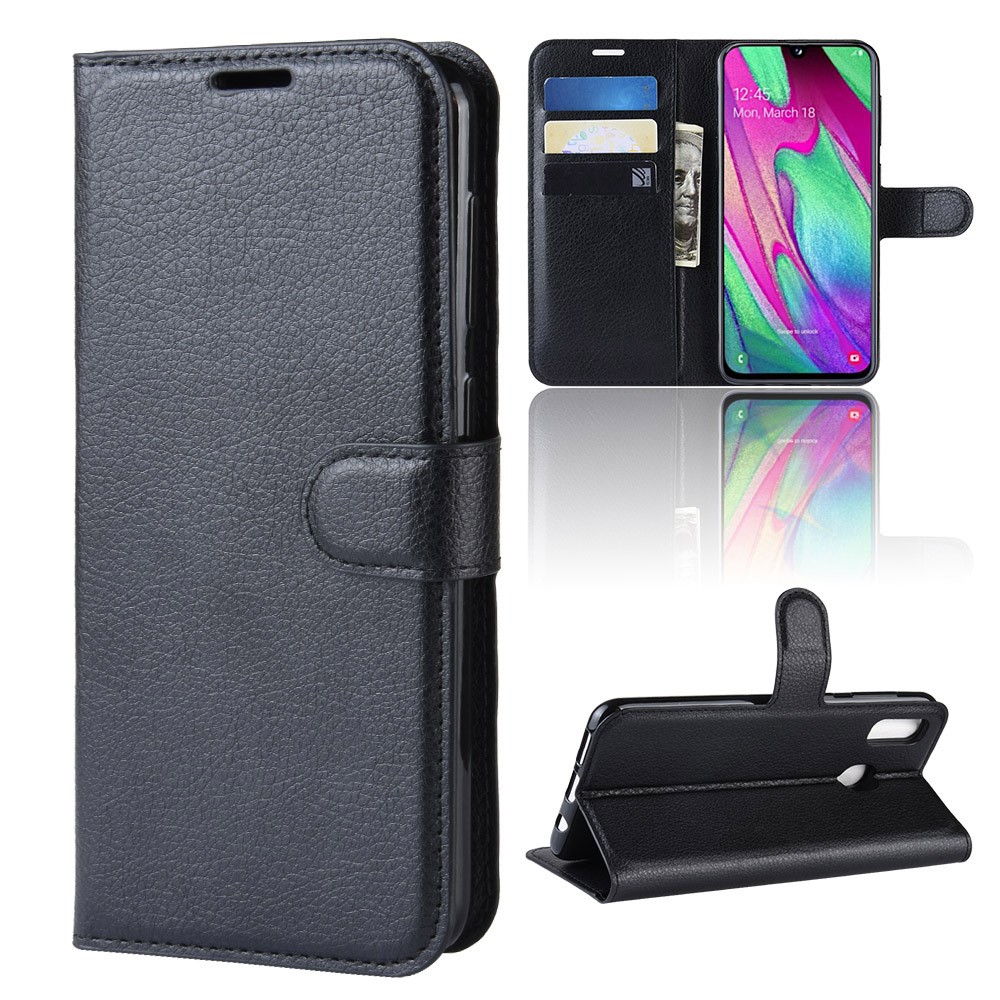 Litchi Skin PU Leather Phone Cover Shell with 3 Card Slots for Samsung Galaxy A40 - Black-7