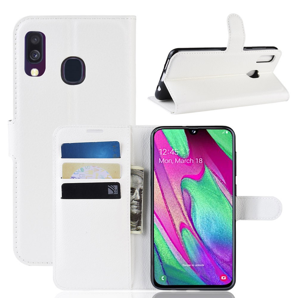 Shell Da Tampa Do Telefone Do Couro Do Plutônio Da Pele Do Lichi Com Os 3 Entalhes De Cartão Para A Galáxia A40 De Samsung - Branco-1