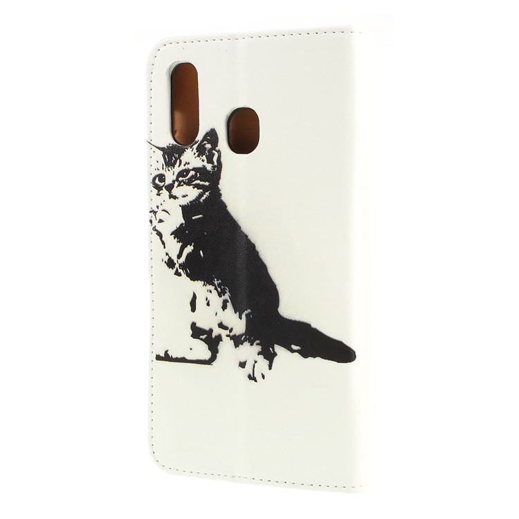 Pattern Printing Leather Wallet Stand Case for Samsung Galaxy A30 / A20 - Black and White Cat-5