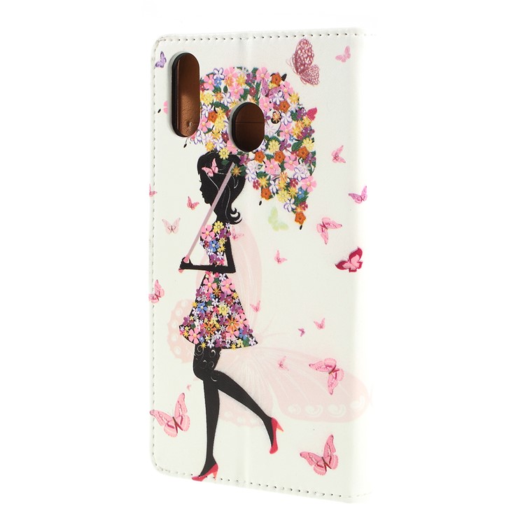 Pattern Printing Leather Wallet Stand Case for Samsung Galaxy M20 - Flowered Girl Holding Umbrella-5