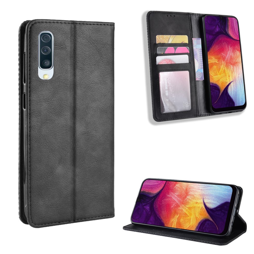 Vintage Style PU Leather Wallet Phone Case for Samsung Galaxy A70 - Black-1