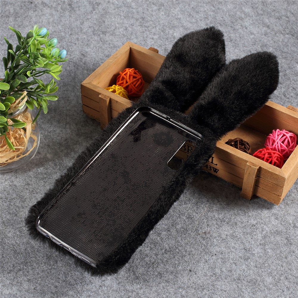 For Samsung Galaxy A50 Rabbit Shape Fluffy Fur Coated Rhinestone TPU Mobile Shell - Black-3