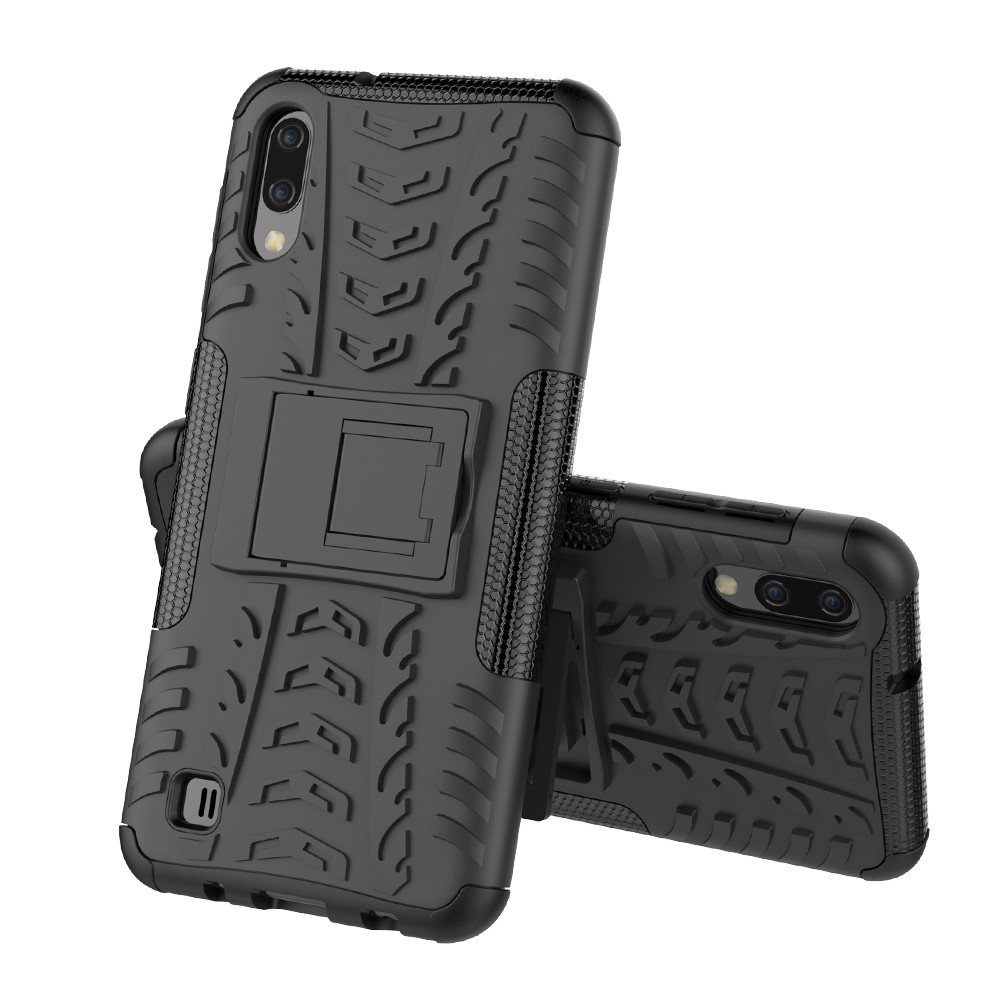 2-in-1 Tyre Pattern PC + TPU Hybrid Mobile Phone Case with Kickstand for Samsung Galaxy M10 - All Black-1