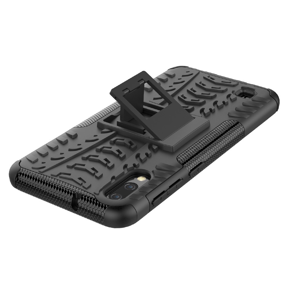 2-in-1 Tyre Pattern PC + TPU Hybrid Mobile Phone Case with Kickstand for Samsung Galaxy M10 - All Black-6