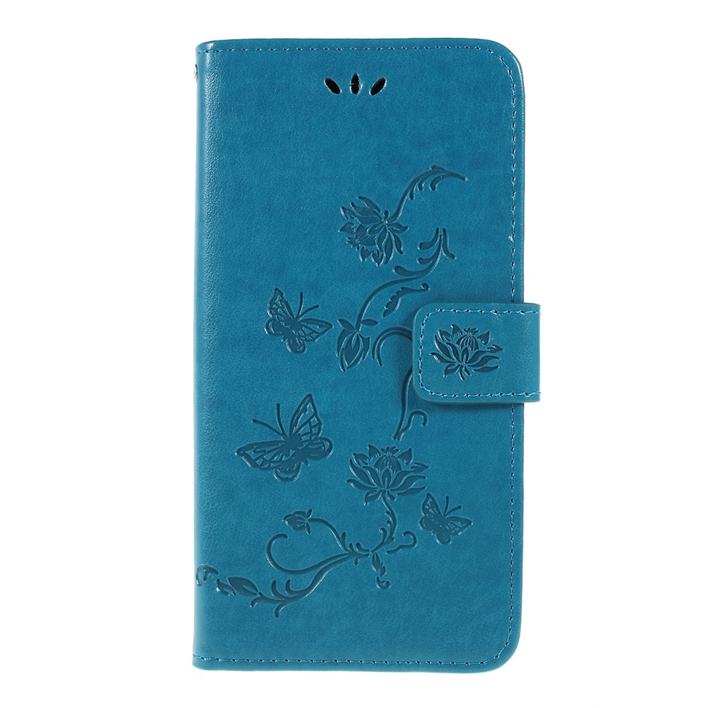 Imprint Butterfly Flower PU Leather Flip Stand Phone Case for Samsung Galaxy A10 - Blue-1