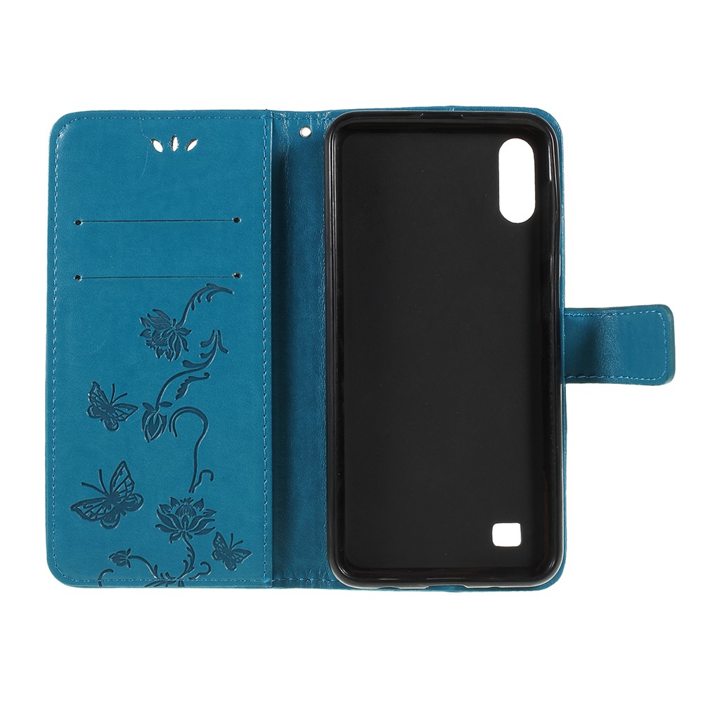 Imprint Butterfly Flower PU Leather Flip Stand Phone Case for Samsung Galaxy A10 - Blue-4