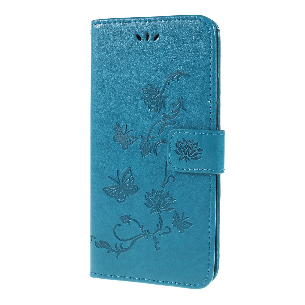 Imprint Butterfly Flower PU Leather Flip Stand Phone Case for Samsung Galaxy A10 - Blue-6