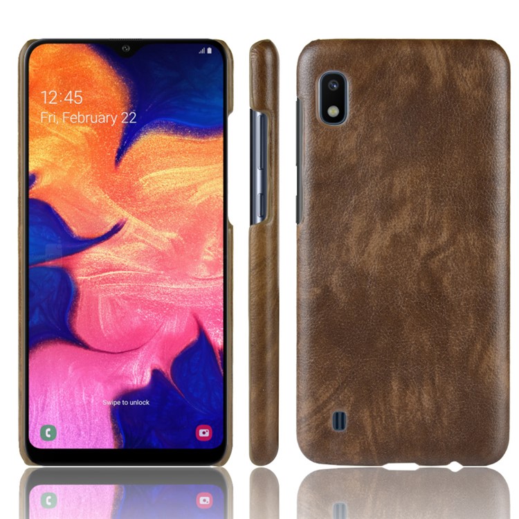 Litchi Texture PU Leather Coated PC Case for Samsung Galaxy A10 - Brown-1