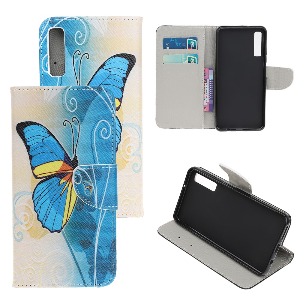 Pattern Printing Cross Texture Leather Wallet Case for Samsung Galaxy A70 - Blue Butterfly-1