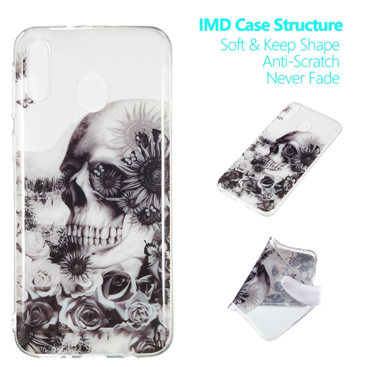 Pattern Printing IMD TPU Shell for Samsung Galaxy M20 - Skull and Flower-1