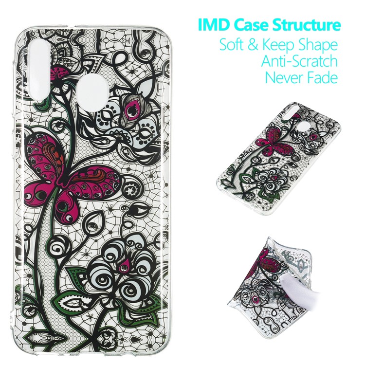 

Pattern Printing IMD TPU Shell for Samsung Galaxy M20 - Black Lace and Butterfly, Galaxy M20