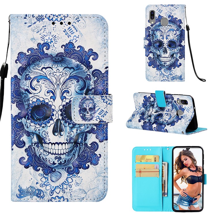 Pattern Printing PU Leather Wallet Case with Strap for Samsung Galaxy A40 - Blue Skull and Flowers-1