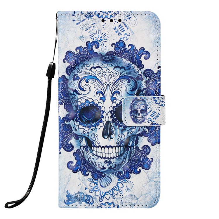 Pattern Printing PU Leather Wallet Case with Strap for Samsung Galaxy A40 - Blue Skull and Flowers-2