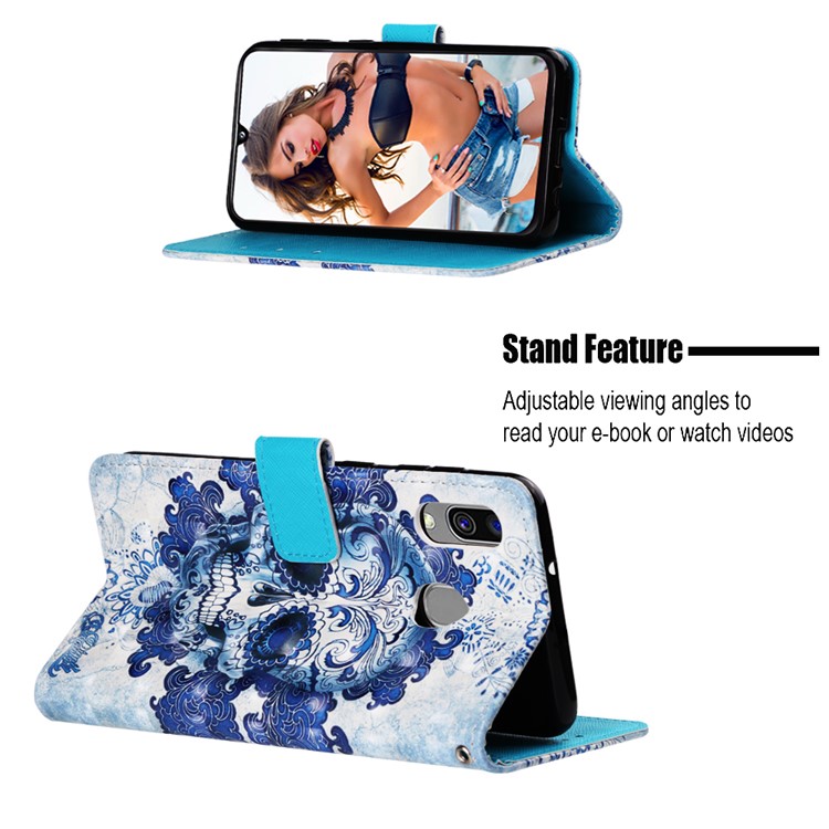 Pattern Printing PU Leather Wallet Case with Strap for Samsung Galaxy A40 - Blue Skull and Flowers-4